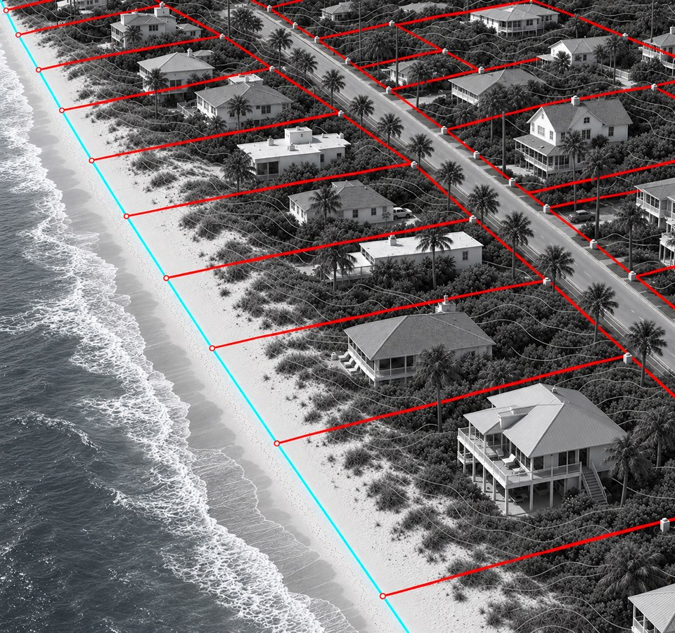 Black-and-white coastal aerial view with property boundaries and the mean high water line